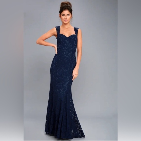 Lulus Rosetta Gown Lace Mermaid Sleeveless Sweetheart Neck Blue Maxi Dress Small - Picture 1 of 14
